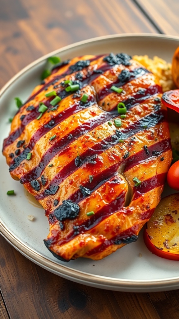 Juicy Grilled Chicken with Narrator Sauce Grilled chicken breast with herbs and grilled vegetables on a rustic table.